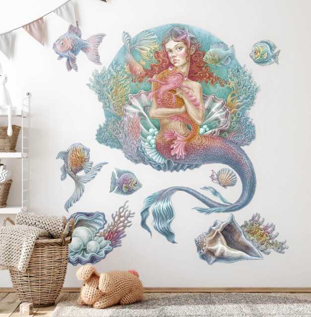 Mermaid Cartoon World Wall Stickers For Children's Room, Pastel Kids Room Decor, Fantastic Decal Baby Self Adhesive - image 1
