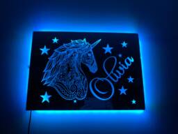 Unicorn Light Up Mirror Personalised Engraved Acrylic Wall Led Sign. Bedroom, Nursery, Playroom, Name, Boys, Girls Gift, Green, Purple