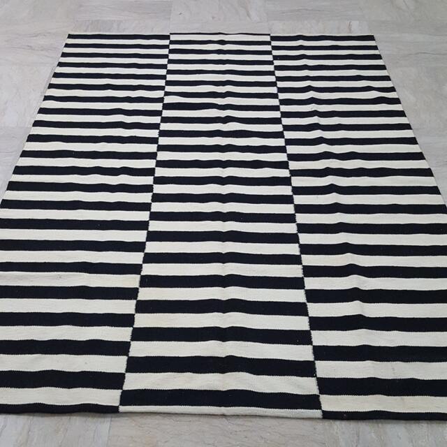 Black White Striped Kilim Rug Custom Handmade Wool Bohemian Geometric Area Modern Floor - image 1