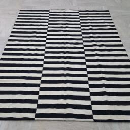 Black White Striped Kilim Rug Custom Handmade Wool Bohemian Geometric Area Modern Floor - thumbnail 1