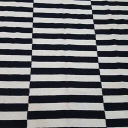 Black White Striped Kilim Rug Custom Handmade Wool Bohemian Geometric Area Modern Floor - thumbnail 4