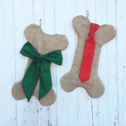 Burlap Dog Bone Christmas Stockings With Bow - For Her-Puppy/Dog Stocking-Choose Your Colors-Rustic/Shabby Chic/Natural-Red & Green - thumbnail 3