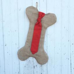 Burlap Dog Bone Christmas Stockings With Bow - For Her-Puppy/Dog Stocking-Choose Your Colors-Rustic/Shabby Chic/Natural-Red & Green - thumbnail 4