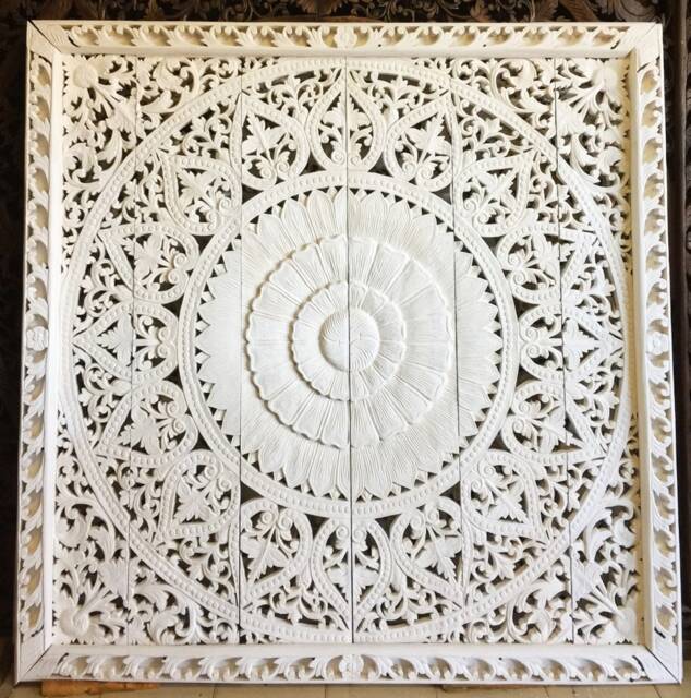 Large Extra Thick Teak King Bed Frame Headboard Bohemian Lotus Flower Mandala Wood Wall Art Panels, Hand Carved Headboard Wall Mounted 72 - image 1