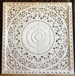 Large Extra Thick Teak King Bed Frame Headboard Bohemian Lotus Flower Mandala Wood Wall Art Panels, Hand Carved Headboard Wall Mounted 72