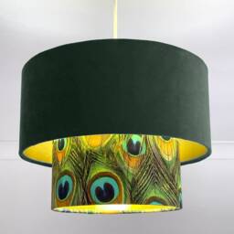New Luxurious Handmade By Order Bottle Green Velvet & Peacock Feathers Print Two Tier Pendant Lamp Light Shade With Metallic Lining - thumbnail 2