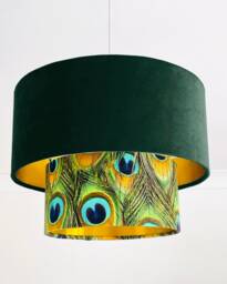New Luxurious Handmade By Order Bottle Green Velvet & Peacock Feathers Print Two Tier Pendant Lamp Light Shade With Metallic Lining