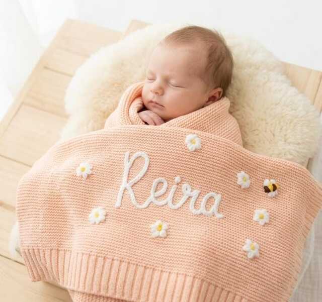 Personalized Hand-Embroidered Baby Blanket, Organic Cotton, Newborn Keepsake Gift - image 1