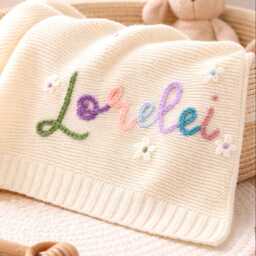 Personalized Hand-Embroidered Baby Blanket, Organic Cotton, Newborn Keepsake Gift - thumbnail 2