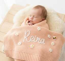 Personalized Hand-Embroidered Baby Blanket, Organic Cotton, Newborn Keepsake Gift