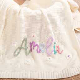 Personalized Hand-Embroidered Baby Blanket, Organic Cotton, Newborn Keepsake Gift - thumbnail 3