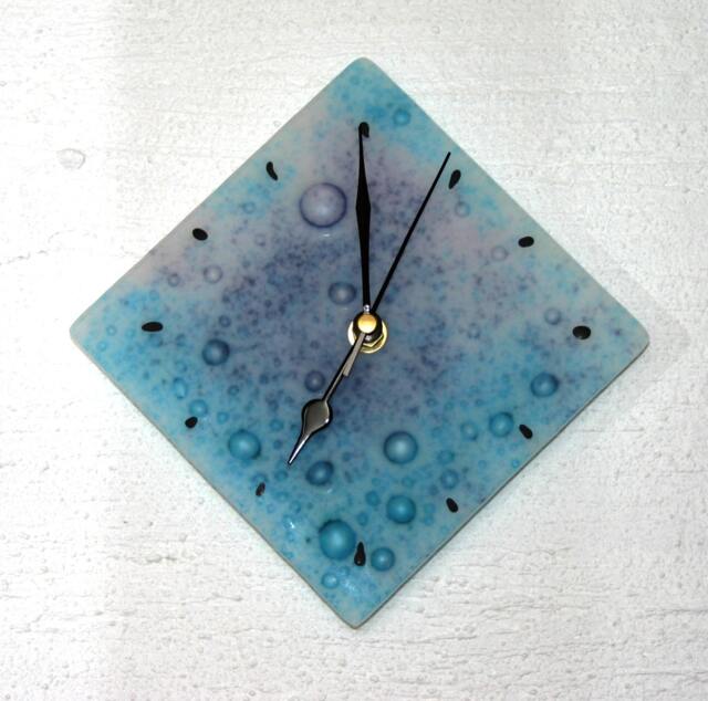 Ocean ~ A Fused Glass Wall Clock Of Turquoise & Purple Bubble That Has Been Etched To Resemble Beach Glass. Approx. 20 X 20cm - 8 8