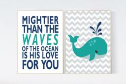 Whale Nursery Art Print Set Teal Navy Nautical Decor - thumbnail 1