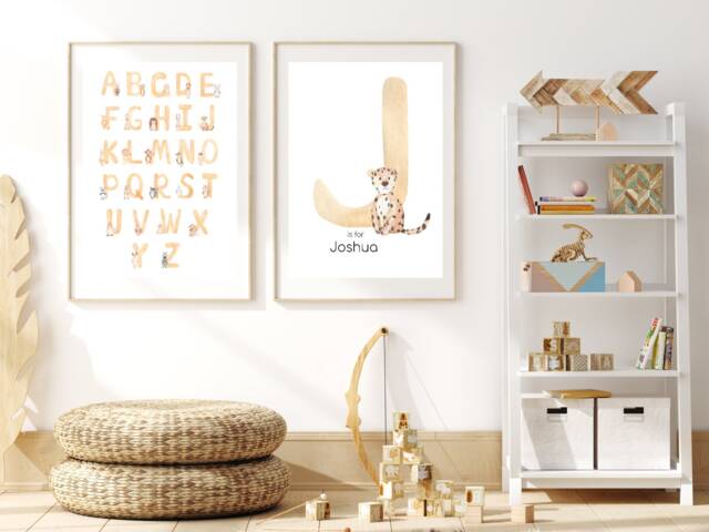 Set Of 2 Personalised Abc, Alphabet Wall Art Nursery Prints, Animal Nursery, Scandi Style - image 1