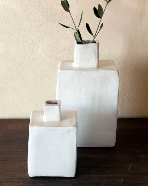 Square Vase in Terracotta Ceramics Handbuilt With White Glaze