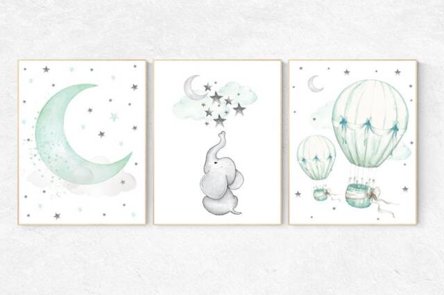 Elephant Nursery Decor Mint Green Hot Air Balloon Art Print - image 1