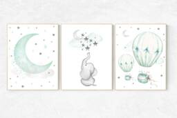 Elephant Nursery Decor Mint Green Hot Air Balloon Art Print - thumbnail 1