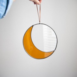 Large Stained Glass Moon - Clear & Amber, Crescent Wall Hanging - thumbnail 2