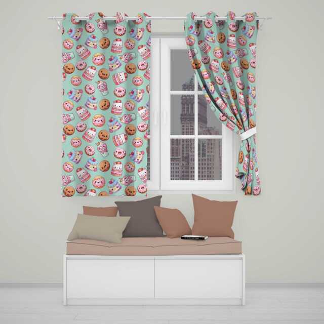 Cute Kawaii Donuts Cakes Desserts Mint Background Seamless Pattern Readymade Eyelet Ring Top Thermal 100% Blackout Curtains - image 1