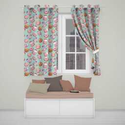 Cute Kawaii Donuts Cakes Desserts Mint Background Seamless Pattern Readymade Eyelet Ring Top Thermal 100% Blackout Curtains