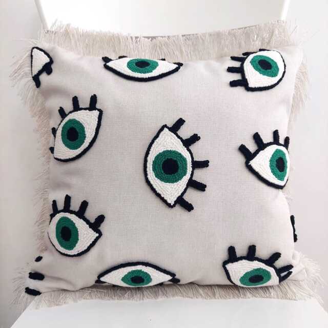 Evil Eye Linen Pillow Cover Bohemian Fringed Nazar Punch Decor - image 1