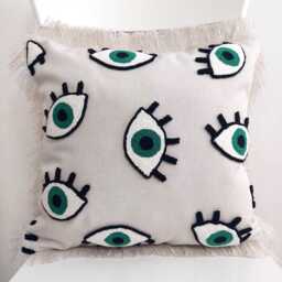 Evil Eye Linen Pillow Cover Bohemian Fringed Nazar Punch Decor - thumbnail 1