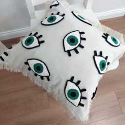 Evil Eye Linen Pillow Cover Bohemian Fringed Nazar Punch Decor - thumbnail 2