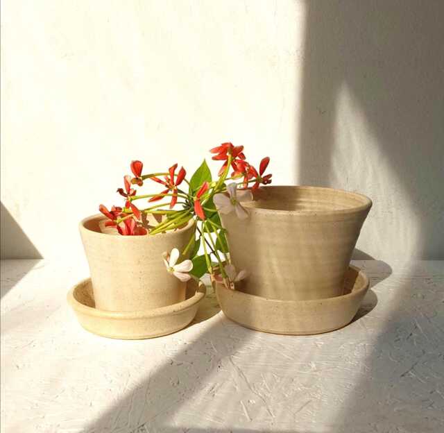 Pottery Plant Pot, Planter W Dish, Succulent With Hole, Ceramic Pot & Plate, Beige Planter, With Drainage - image 1