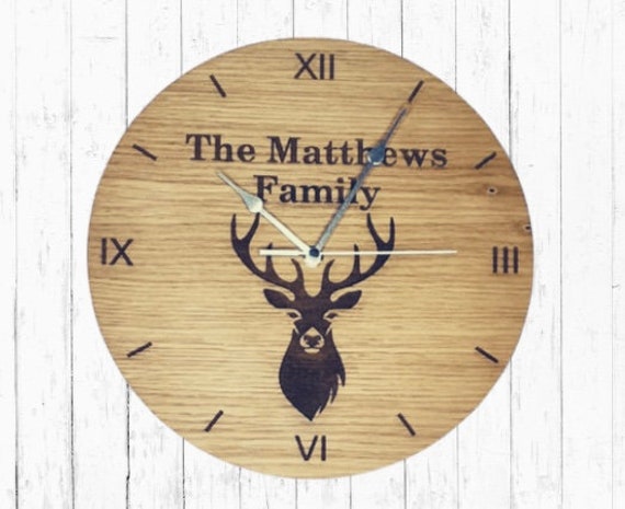 Personalised Oak Veneer Wall Clock Engraved Stag Design, Family Name - image 1
