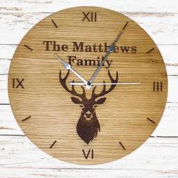 Personalised Oak Veneer Wall Clock Engraved Stag Design, Family Name - thumbnail 3