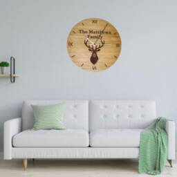 Personalised Oak Veneer Wall Clock Engraved Stag Design, Family Name - thumbnail 2