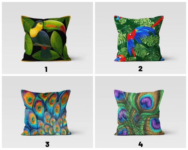 Toucan Pillow Cover, Peacock Feather Cushion Case, Wild Life Living Room Decoration, Jungle Home Decor, Botanical Bedroom Throw Top - image 1