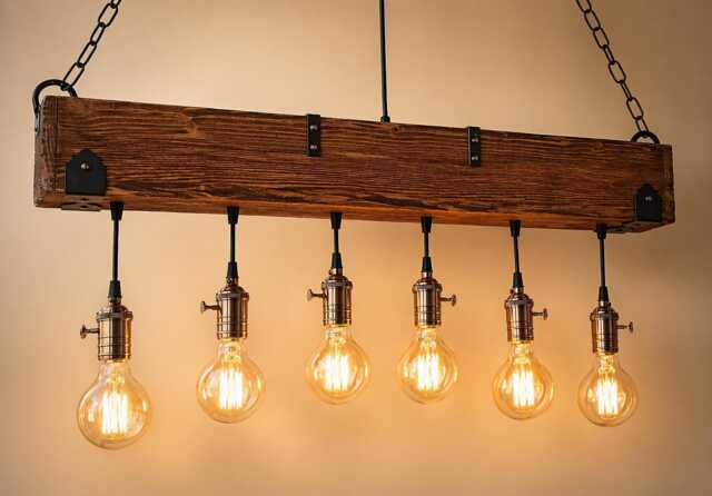 Rustic Wood Beam Chandelier, 6 Light Farmhouse Kitchen Island Lighting, Pendant Ceiling Light, Adjustable Hanging Lamp - image 1