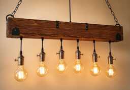 Rustic Wood Beam Chandelier, 6 Light Farmhouse Kitchen Island Lighting, Pendant Ceiling Light, Adjustable Hanging Lamp - thumbnail 1
