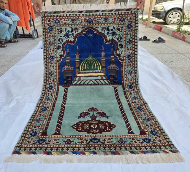 Handmade Wool Afghan Prayer Rug Beljik Mosque Design, Green & Blue, 4.6x2.8 Ft - image 1