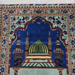 Handmade Wool Afghan Prayer Rug Beljik Mosque Design, Green & Blue, 4.6x2.8 Ft - thumbnail 3