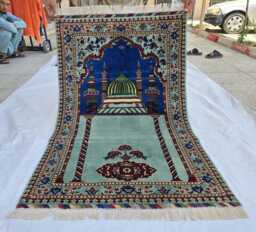 Handmade Wool Afghan Prayer Rug Beljik Mosque Design, Green & Blue, 4.6x2.8 Ft - thumbnail 1