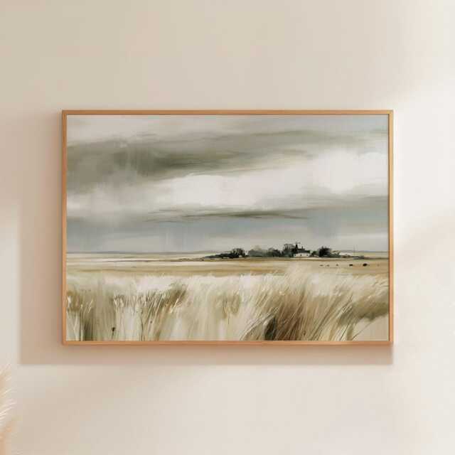 Farmhouse Field Poster, Neutral Landscape Print, Country Wall Art, Paper - image 1
