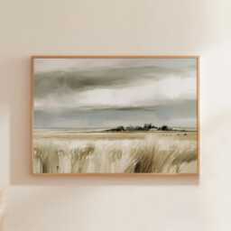 Farmhouse Field Poster, Neutral Landscape Print, Country Wall Art, Paper - thumbnail 1