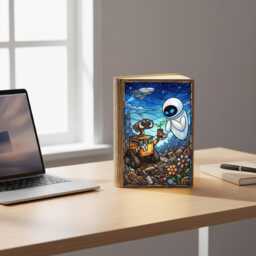 Walle Book Lamp, Wall E & Eve Scene, Pixar Robot Love Story, Stained Glass Style Light, Led Foldable Night Light - thumbnail 3