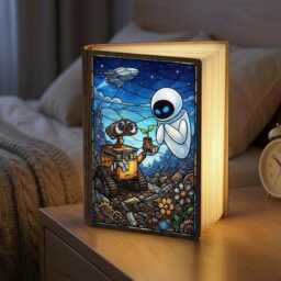 Walle Book Lamp, Wall E & Eve Scene, Pixar Robot Love Story, Stained Glass Style Light, Led Foldable Night Light