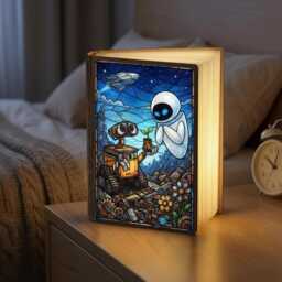 Walle Book Lamp, Wall E & Eve Scene, Pixar Robot Love Story, Stained Glass Style Light, Led Foldable Night Light - thumbnail 2