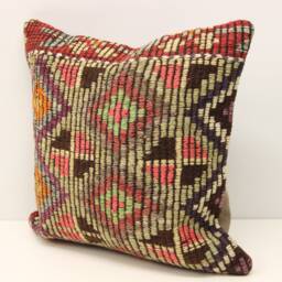 Handmade Kilim Pillow Cover 16x16, Boho Home Decor - thumbnail 3