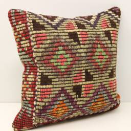 Handmade Kilim Pillow Cover 16x16, Boho Home Decor - thumbnail 1