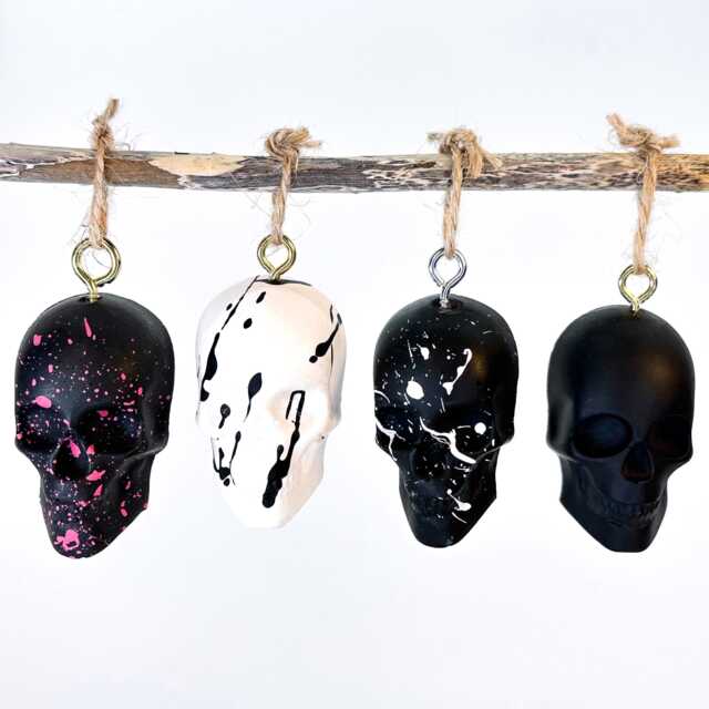 Set Of 4 Skull Christmas Tree Bauble Decorations Scandi Alternative Handmade Home Gift - image 1