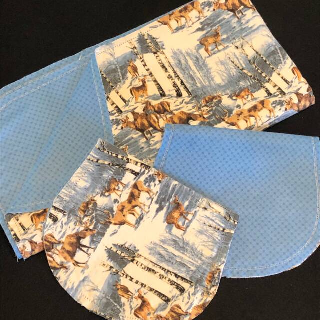 Deer Winter Hemstitch Receiving Baby Blanket & 2 Burp Cloths, Pine Trees, Snow, Blue Gray Beige, Crochet Flannel - image 1