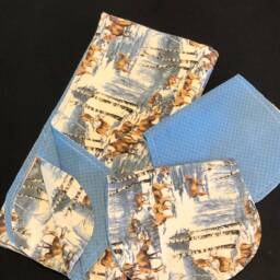 Deer Winter Hemstitch Receiving Baby Blanket & 2 Burp Cloths, Pine Trees, Snow, Blue Gray Beige, Crochet Flannel - thumbnail 4