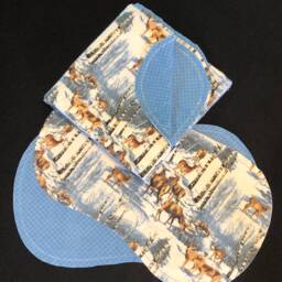 Deer Winter Hemstitch Receiving Baby Blanket & 2 Burp Cloths, Pine Trees, Snow, Blue Gray Beige, Crochet Flannel - thumbnail 2