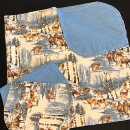 Deer Winter Hemstitch Receiving Baby Blanket & 2 Burp Cloths, Pine Trees, Snow, Blue Gray Beige, Crochet Flannel - thumbnail 3