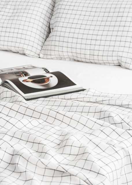 Charcoal Grid Linen Flat Sheet - Windowpane Check Bedding Stonewashed European Top Modern Minimalist Style Queen King Size - image 1